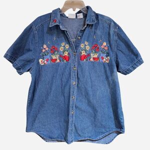 90s cottagecore grandmacore embroidered floral denim shirt